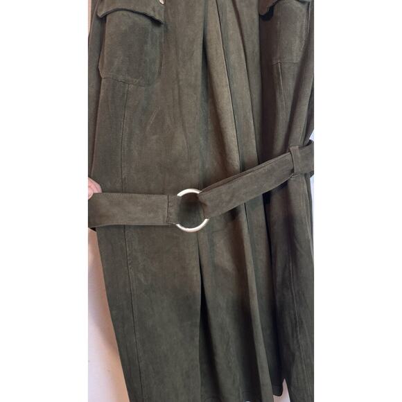 Chicos Olive Green Faux Suede Open Belted Trench Coat Vest Longline Size 2 Large - Picture 9 of 15